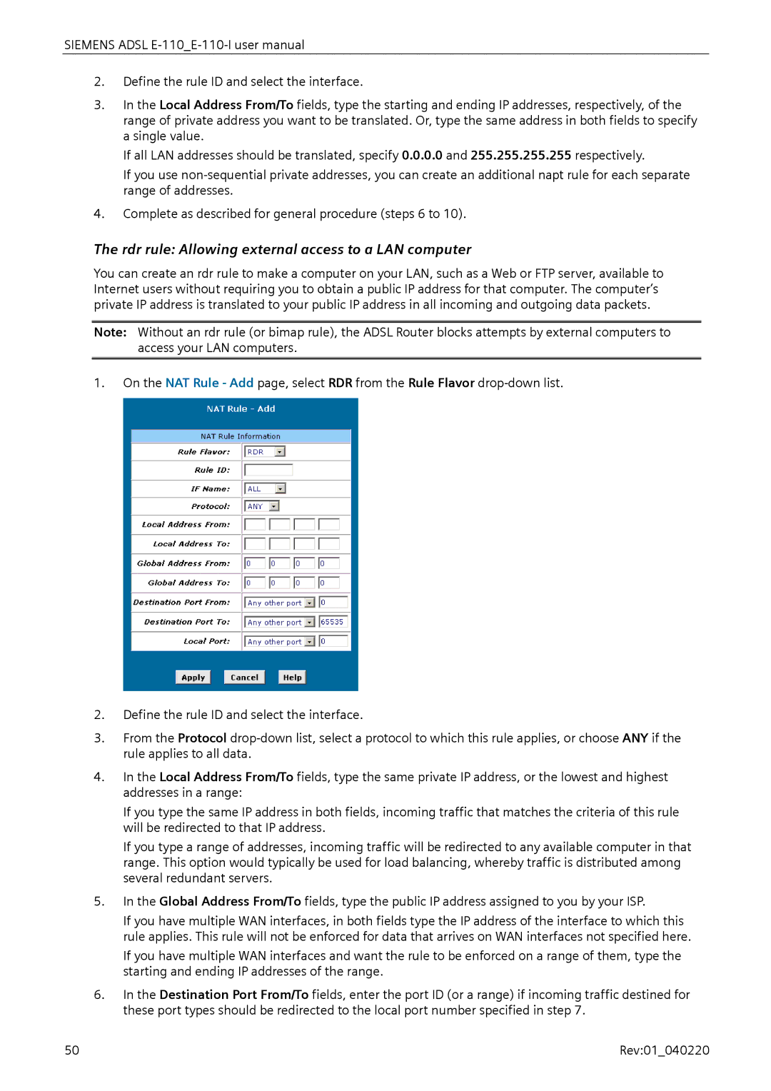 Siemens E-110-I user manual Rdr rule Allowing external access to a LAN computer 