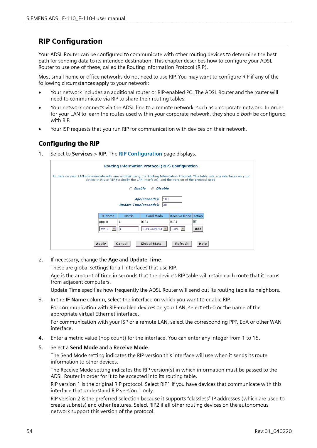 Siemens E-110-I user manual RIP Configuration, Configuring the RIP, Select a Send Mode and a Receive Mode 