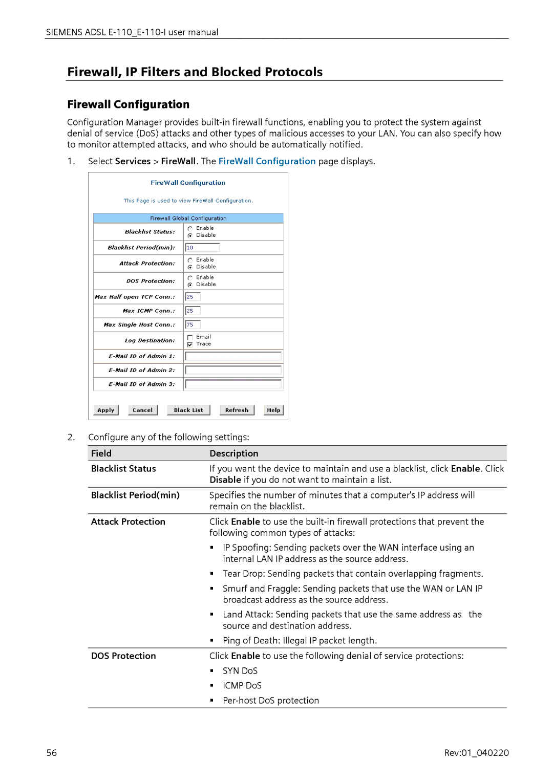 Siemens E-110-I user manual Firewall, IP Filters and Blocked Protocols, Firewall Configuration 