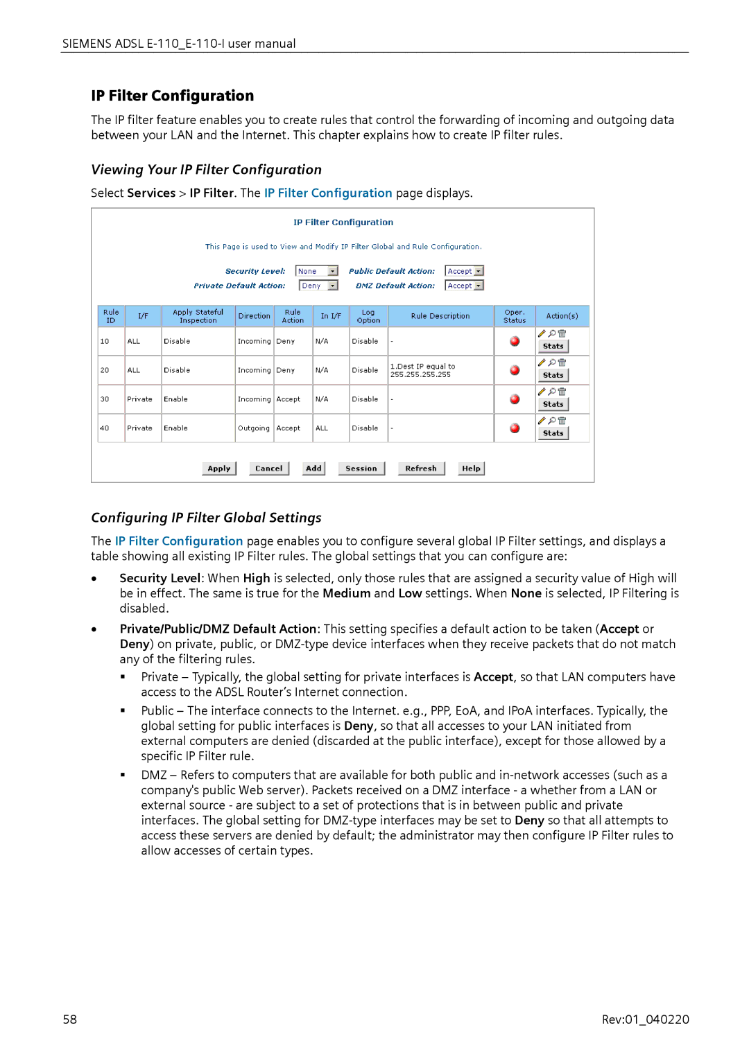 Siemens E-110-I user manual Viewing Your IP Filter Configuration, Configuring IP Filter Global Settings 