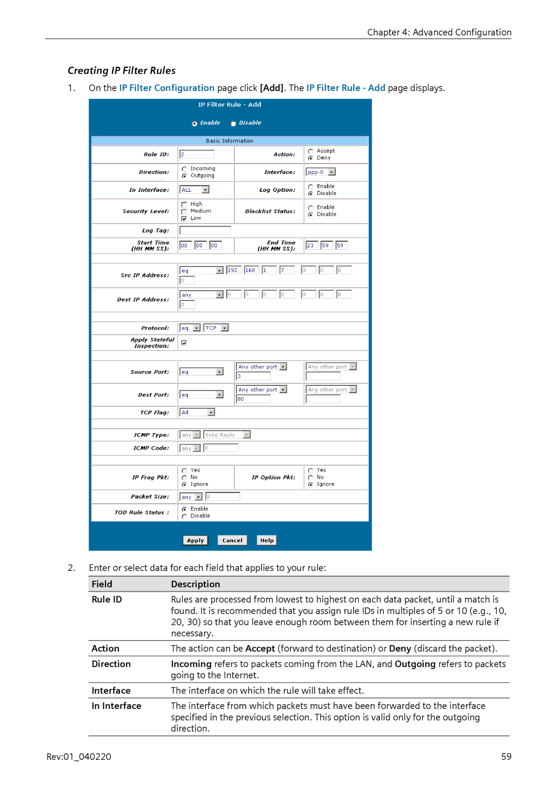 Siemens E-110-I user manual Creating IP Filter Rules, Field Description Rule ID, Action, Direction, Interface 