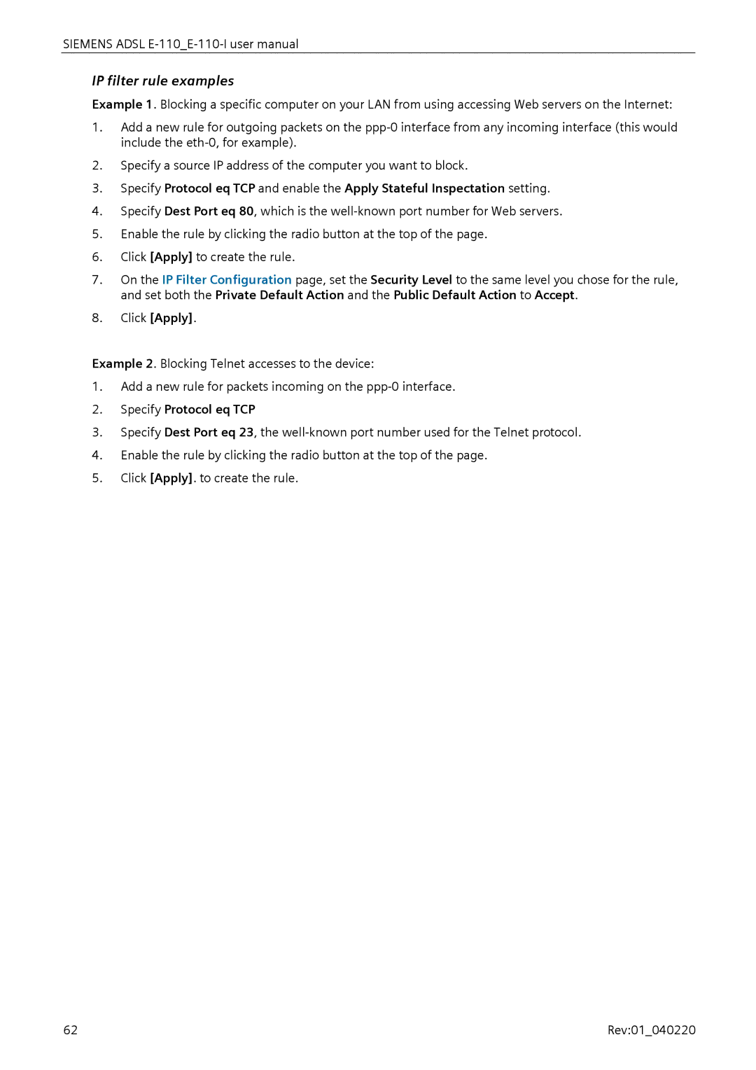 Siemens E-110-I user manual IP filter rule examples, Specify Protocol eq TCP 