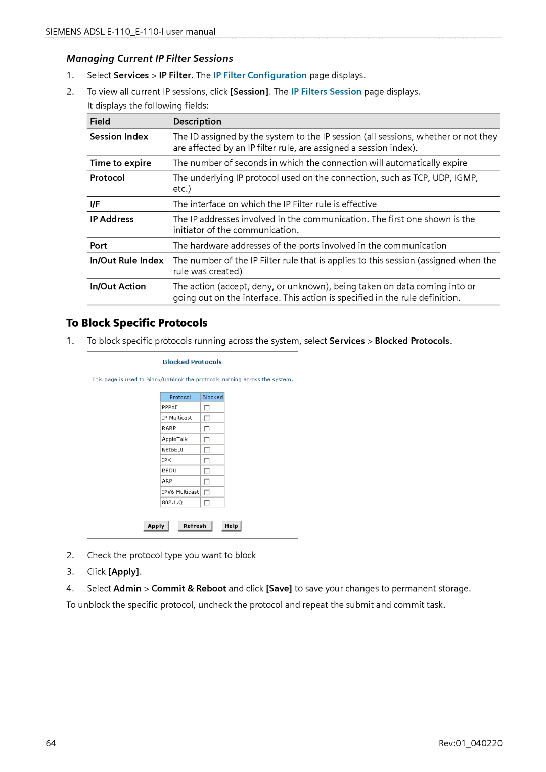 Siemens E-110-I user manual To Block Specific Protocols, Managing Current IP Filter Sessions 