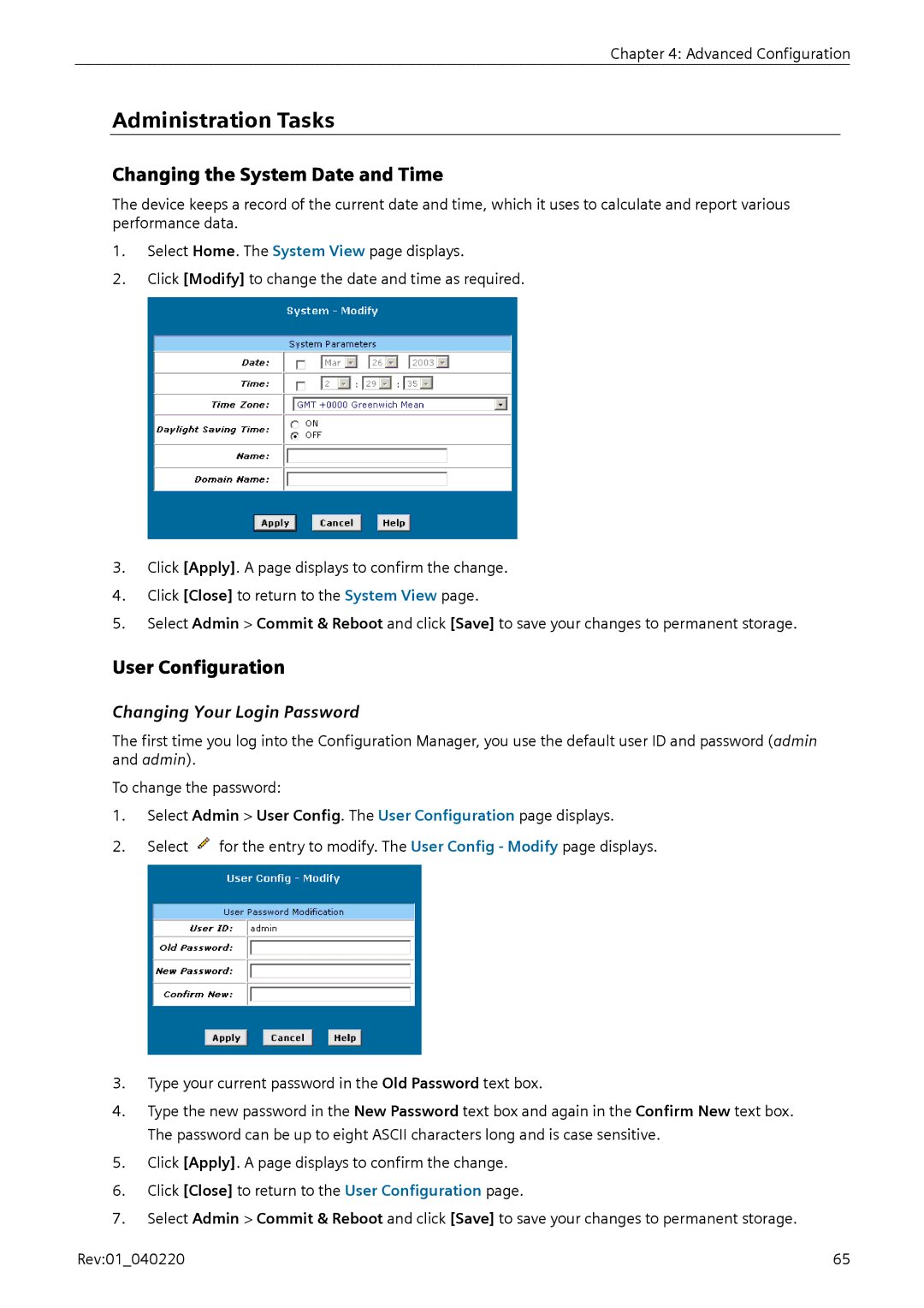 Siemens E-110 Administration Tasks, Changing the System Date and Time, User Configuration, Changing Your Login Password 