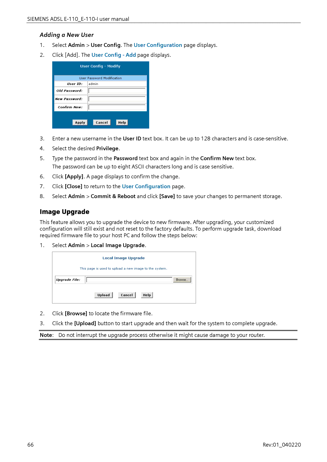 Siemens E-110-I user manual Adding a New User, Select Admin Local Image Upgrade 