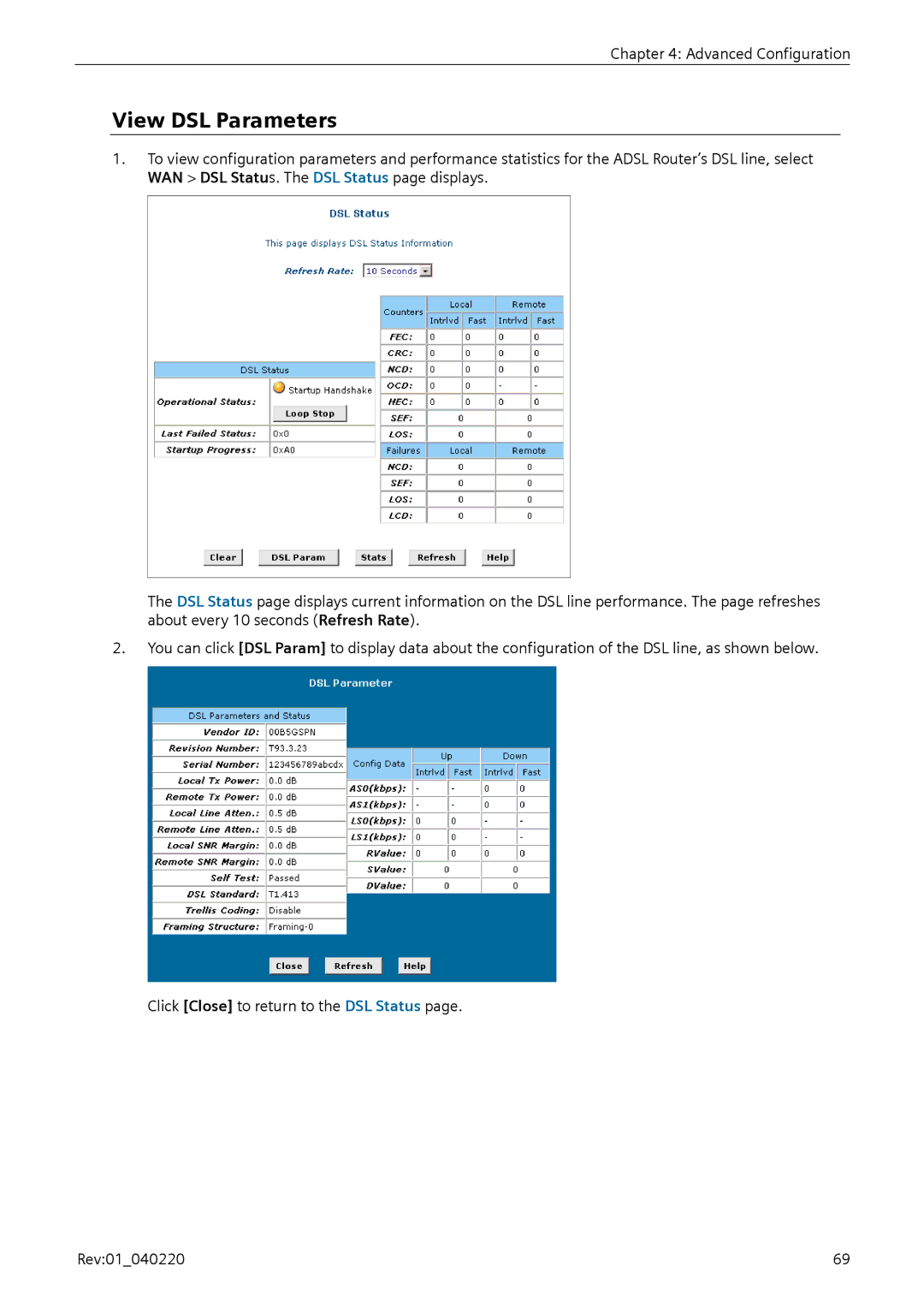 Siemens E-110-I user manual View DSL Parameters 