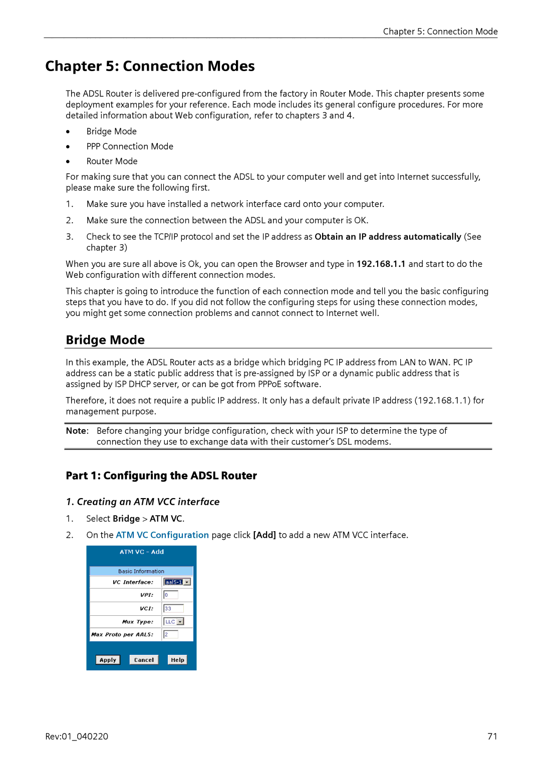 Siemens E-110-I Connection Modes, Bridge Mode, Part 1 Configuring the Adsl Router, Creating an ATM VCC interface 