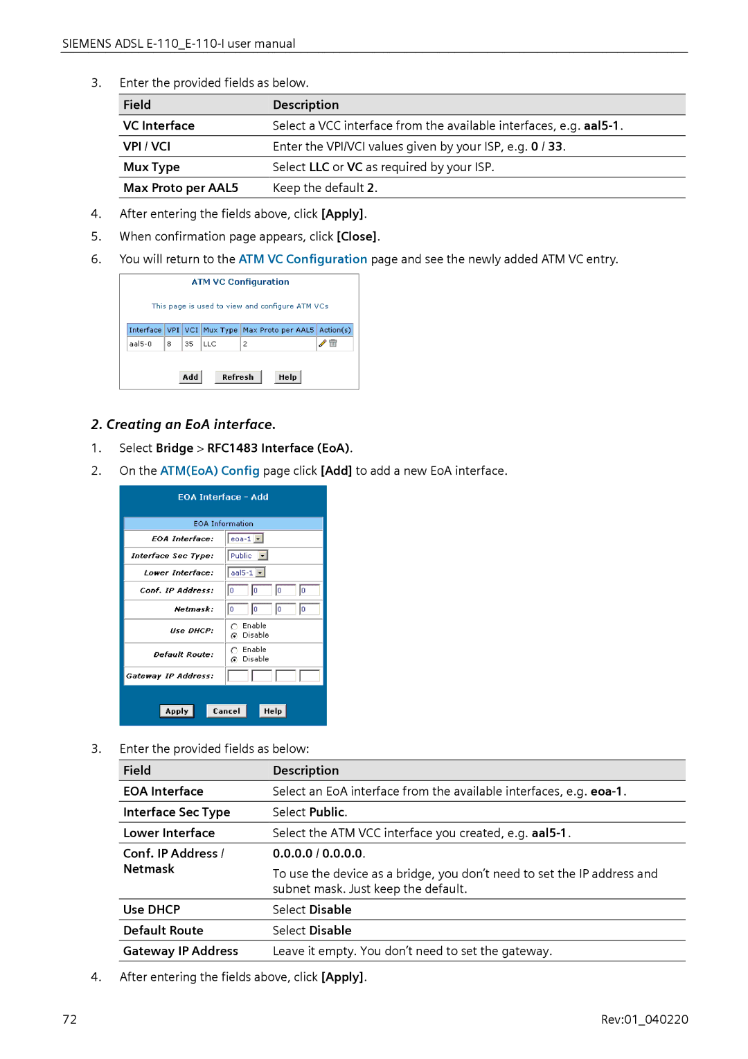 Siemens E-110-I user manual Creating an EoA interface, Field Description VC Interface, Mux Type, Max Proto per AAL5 