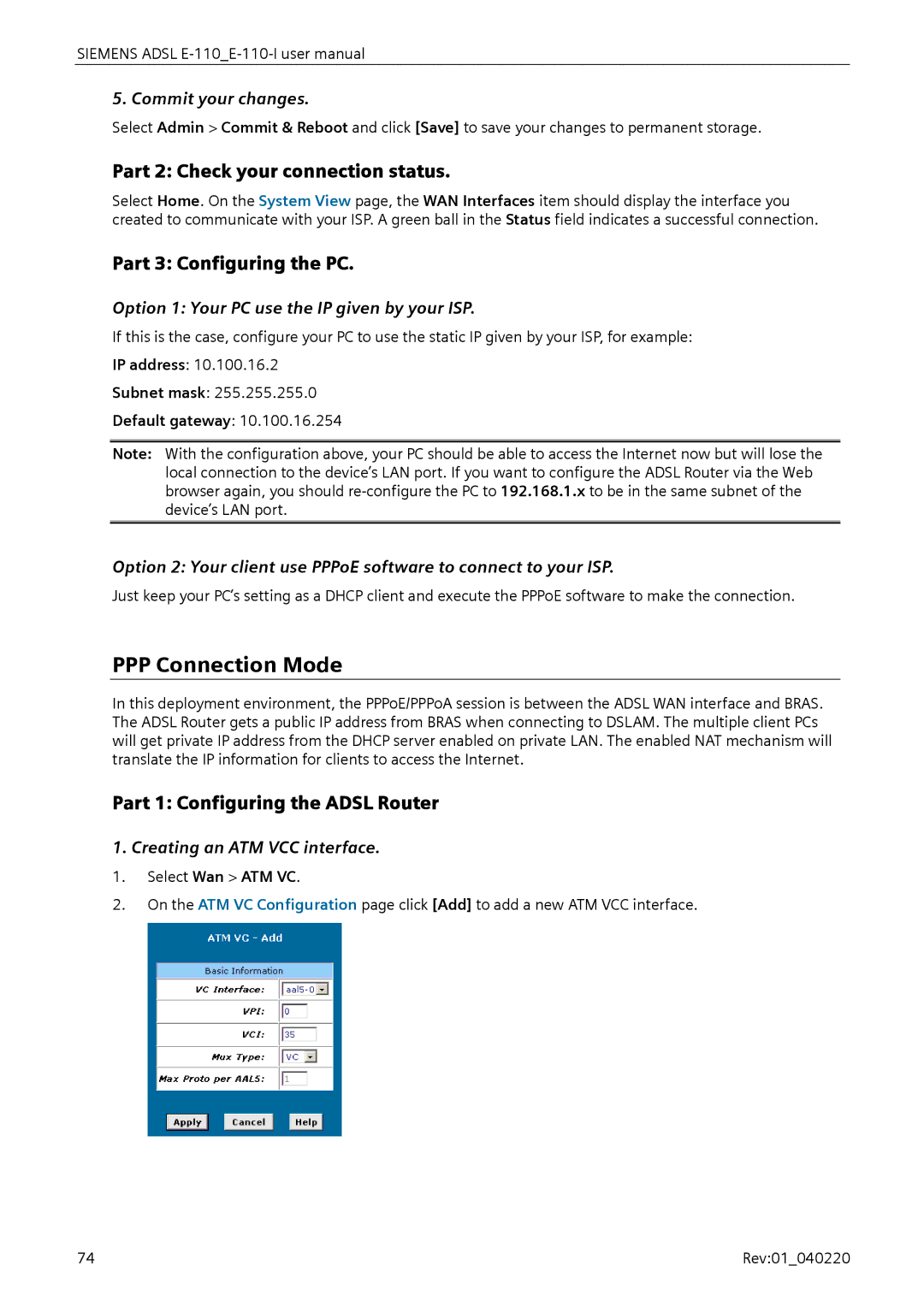 Siemens E-110-I PPP Connection Mode, Part 2 Check your connection status, Part 3 Configuring the PC, Commit your changes 