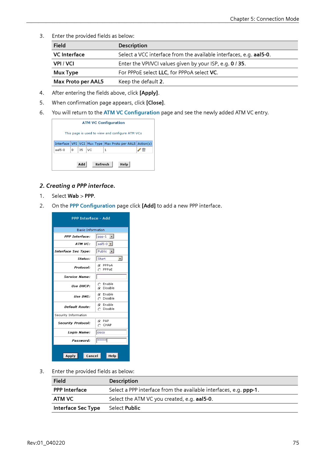 Siemens E-110 Creating a PPP interface, Select the ATM VC you created, e.g. aal5-0, Interface Sec Type Select Public 