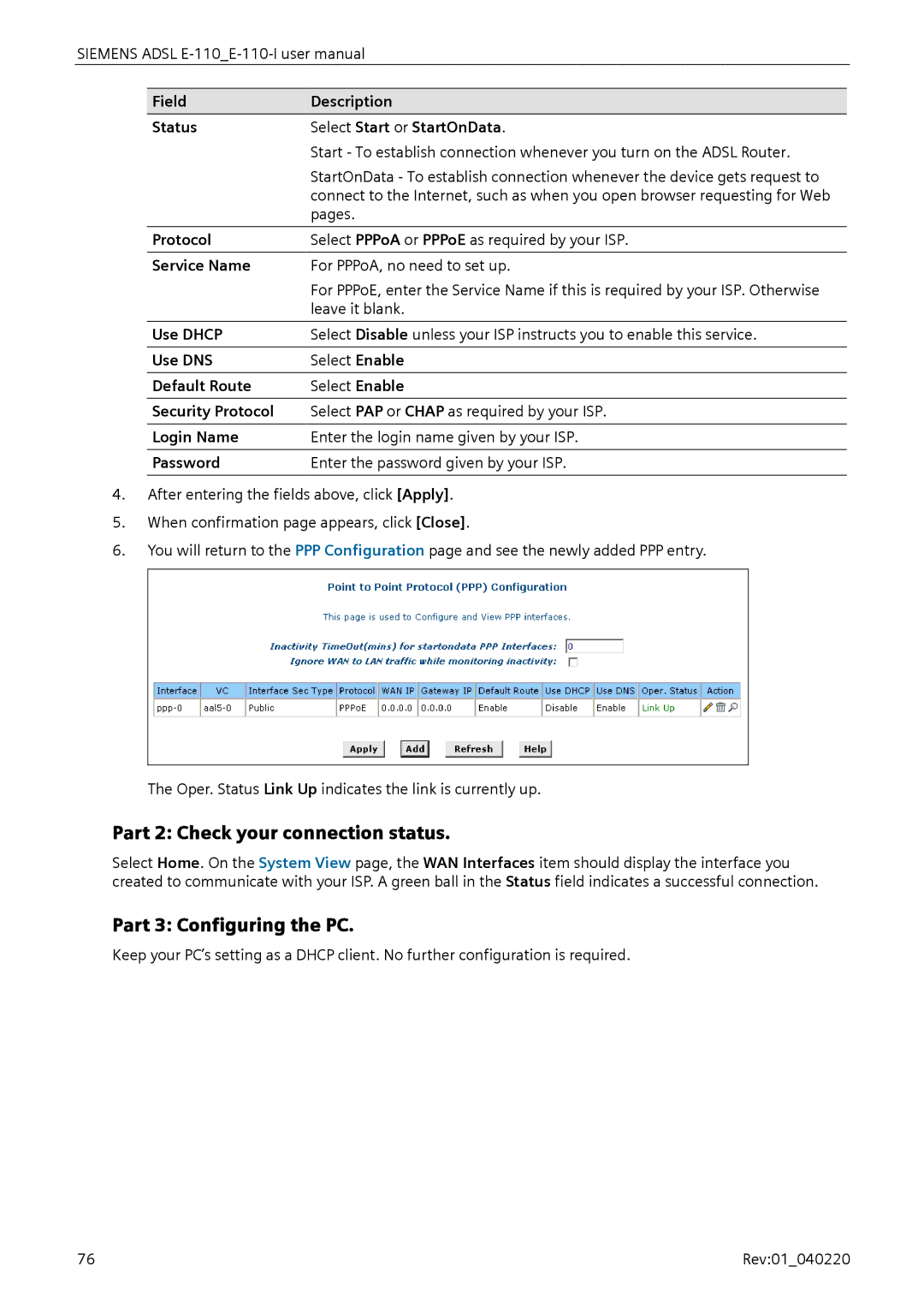 Siemens E-110-I Field Description Status Select Start or StartOnData, Service Name, Security Protocol, Login Name 