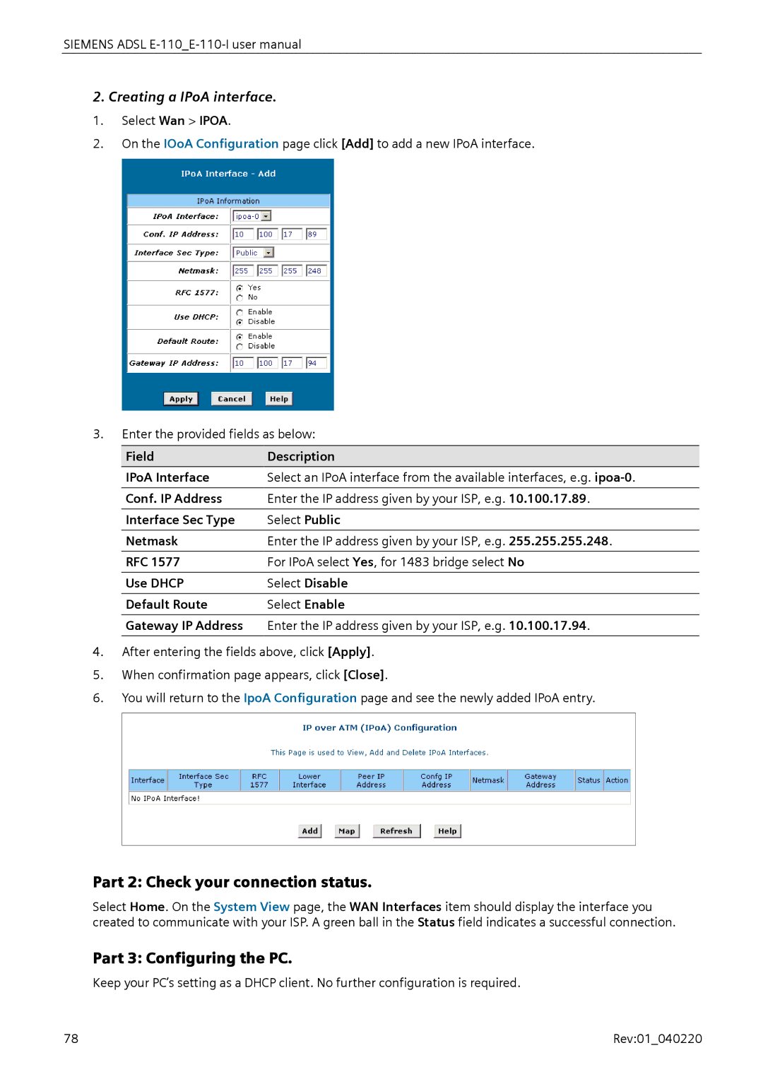 Siemens E-110-I user manual Creating a IPoA interface 