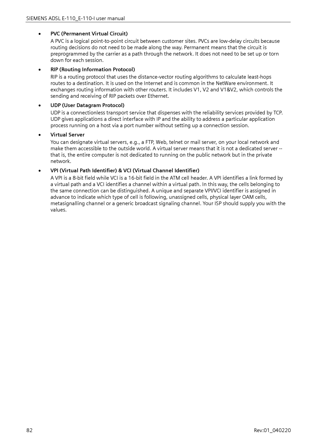 Siemens E-110-I user manual PVC Permanent Virtual Circuit, RIP Routing Information Protocol, UDP User Datagram Protocol 