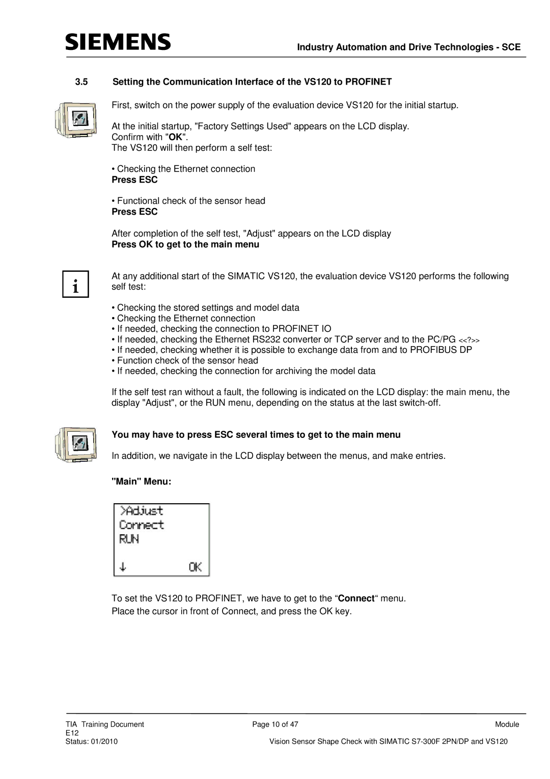 Siemens E12 manual Press ESC, Press OK to get to the main menu, Main Menu 