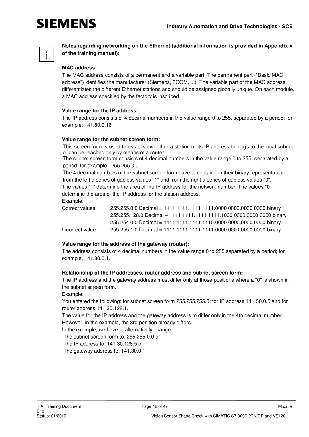 Siemens E12 manual Industry Automation and Drive Technologies SCE MAC address, Value range for the IP address 