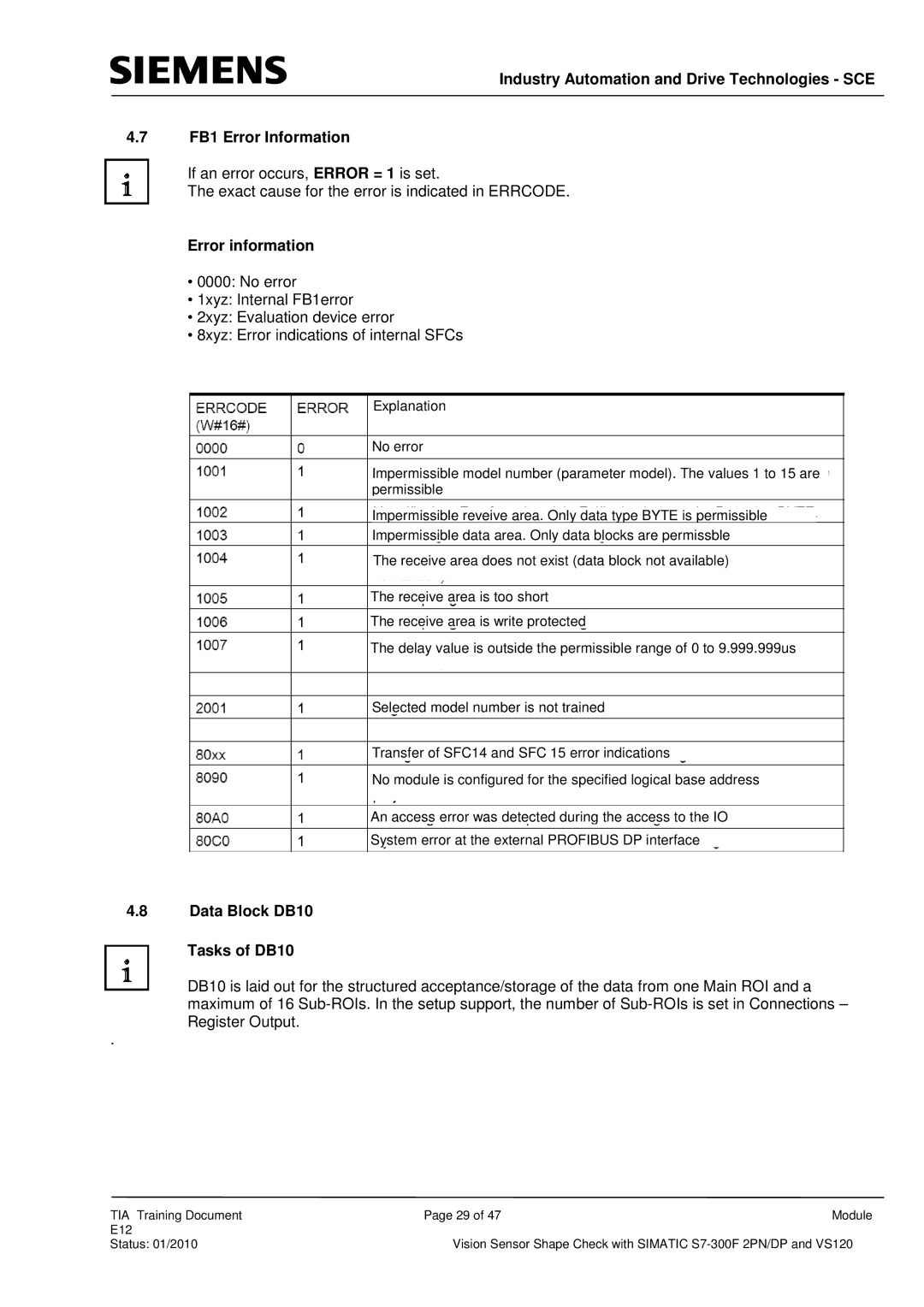 Siemens E12 manual Error information, Data Block DB10 Tasks of DB10 