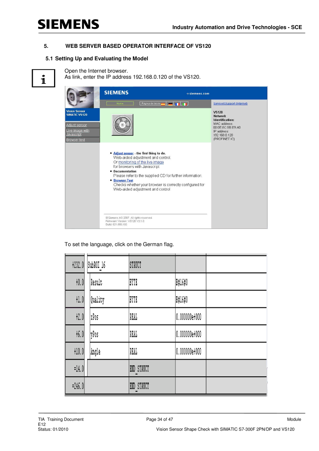 Siemens E12 manual WEB Server Based Operator Interface of VS120, Setting Up and Evaluating the Model 