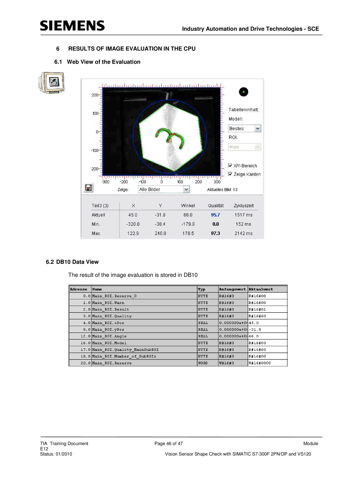 Siemens E12 manual Results of Image Evaluation in the CPU, Web View of the Evaluation DB10 Data View 