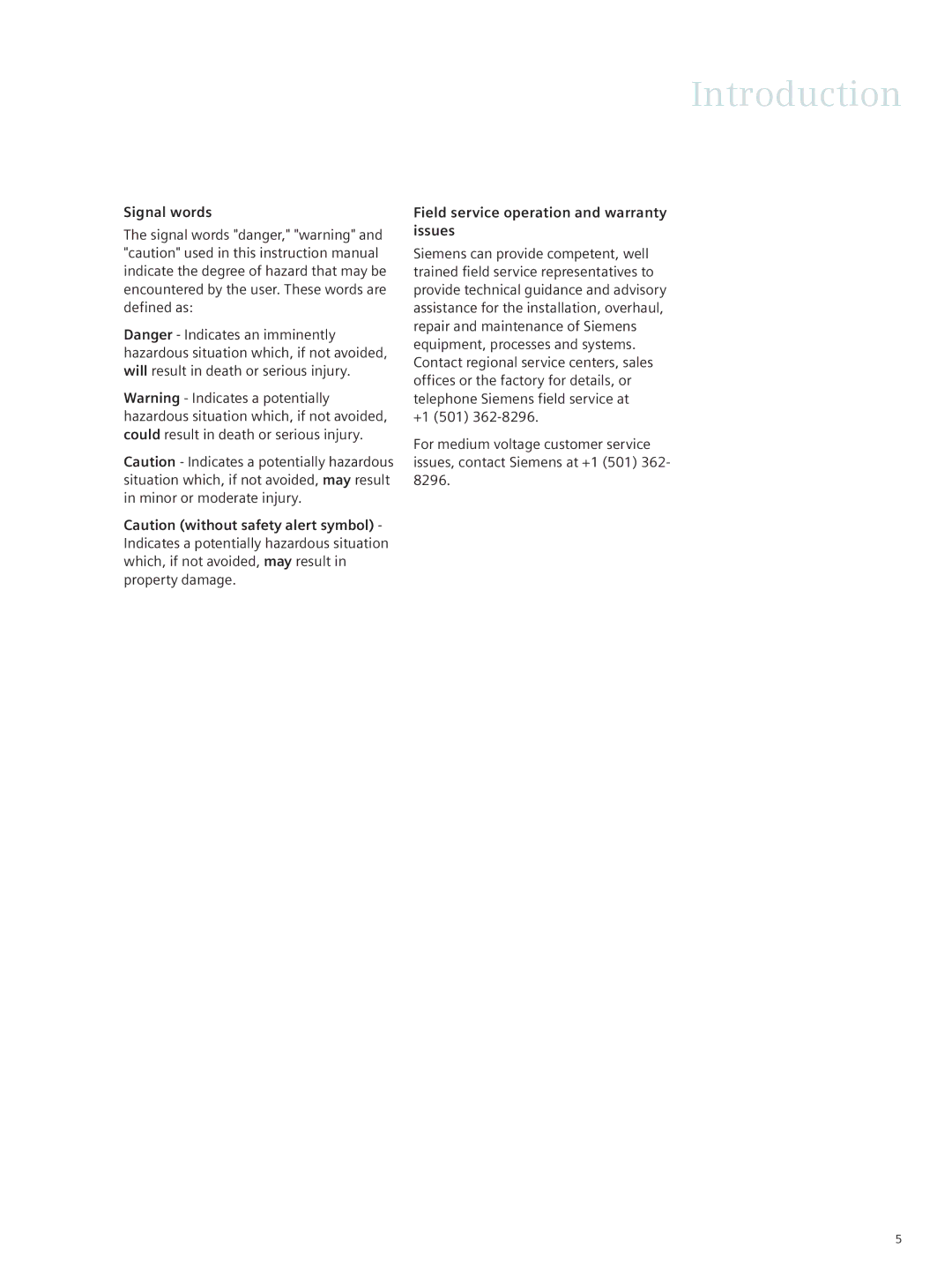 Siemens E50001-F710-A420-X-4A00 instruction manual Introduction, Signal words Field service operation and warranty issues 