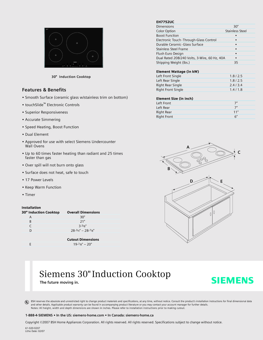 Siemens EH7752UC specifications Siemens 30 Induction Cooktop, Features & Benefits, Future moving 