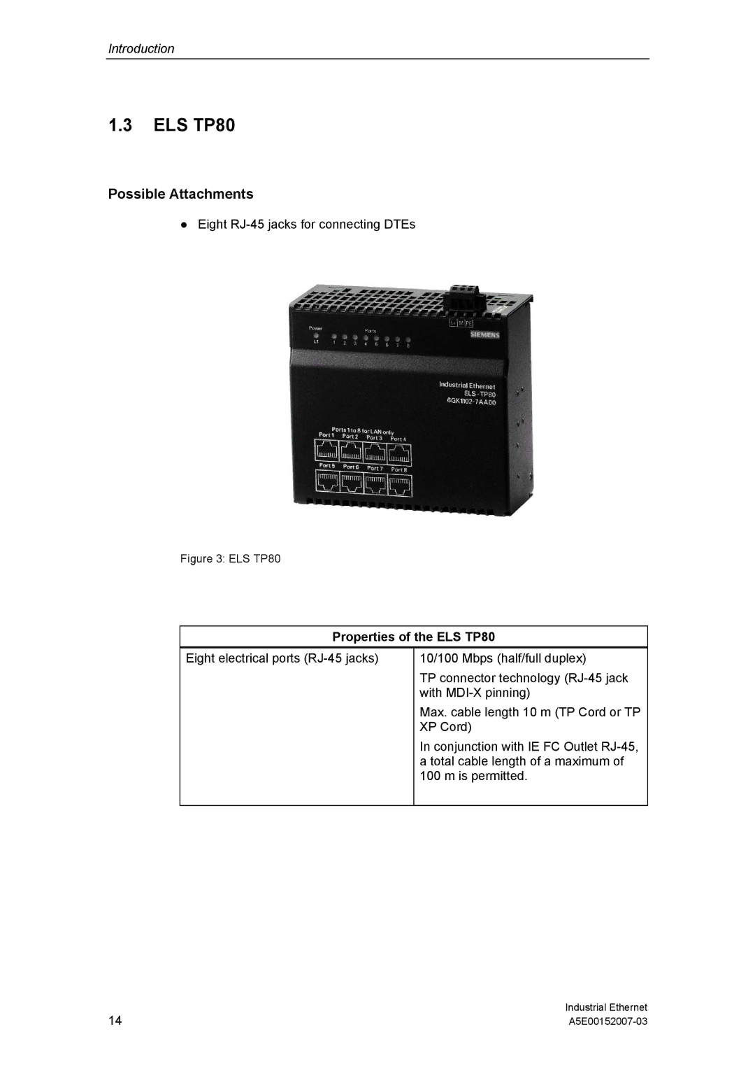 Siemens Electrical Lean Switch installation instructions Properties of the ELS TP80 