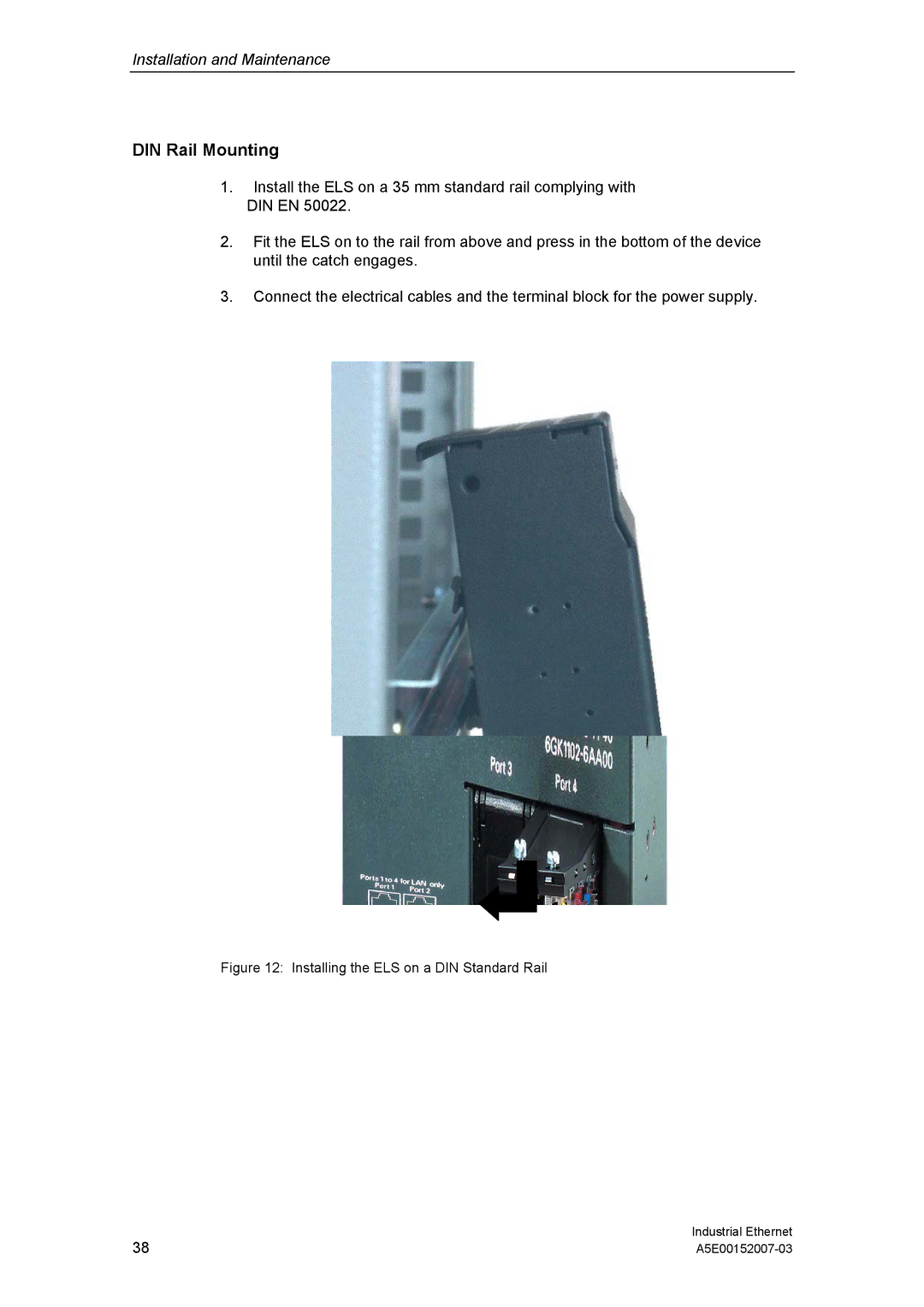 Siemens Electrical Lean Switch installation instructions DIN Rail Mounting, Installing the ELS on a DIN Standard Rail 