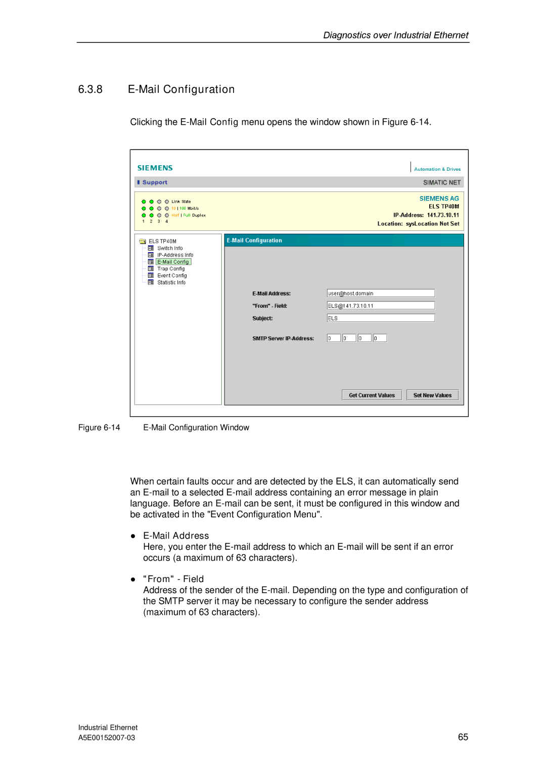 Siemens Electrical Lean Switch installation instructions Mail Configuration, Mail Address, From Field 