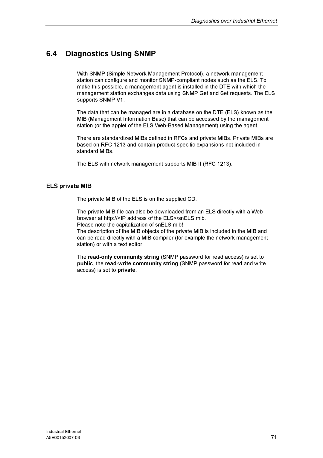 Siemens Electrical Lean Switch installation instructions Diagnostics Using Snmp, ELS private MIB 