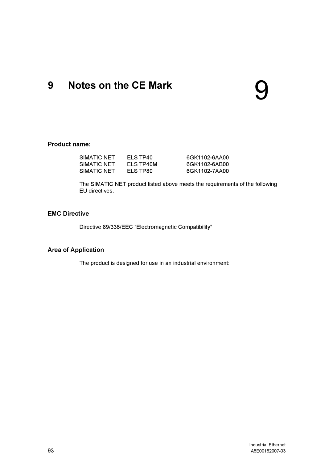 Siemens Electrical Lean Switch installation instructions Product name, EMC Directive, Area of Application 