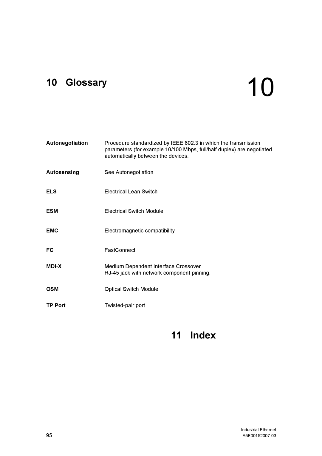 Siemens Electrical Lean Switch installation instructions Glossary, Index, Autonegotiation, Autosensing, TP Port 