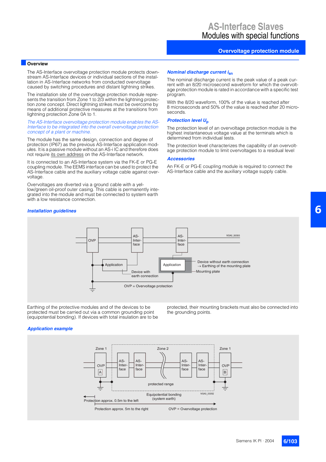 Siemens EN 50295 manual Overvoltage protection module, 103, Installation guidelines Nominal discharge current isn 