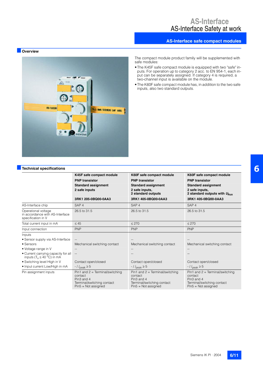 Siemens EN 50295 manual AS-Interface safe compact modules, Sap, Pnp 