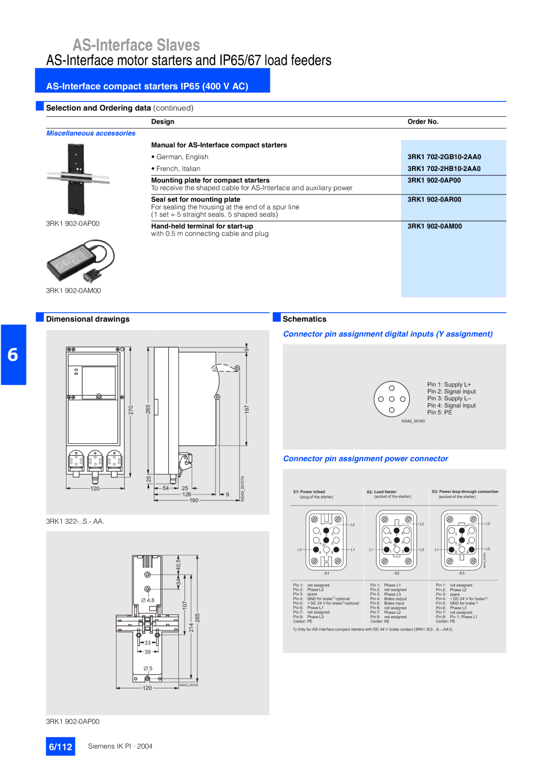 Siemens EN 50295 manual 112, Connector pin assignment digital inputs Y assignment, Connector pin assignment power connector 