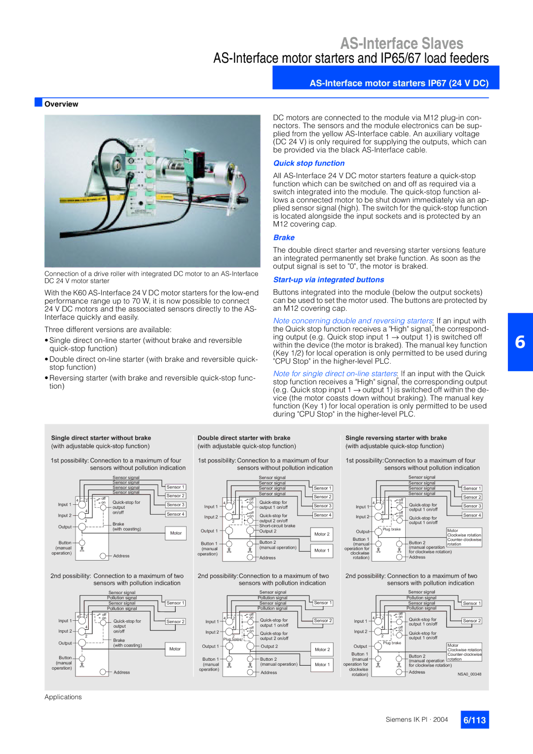 Siemens EN 50295 manual AS-Interface motor starters IP67 24 V DC, 113, Quick stop function, Brake 