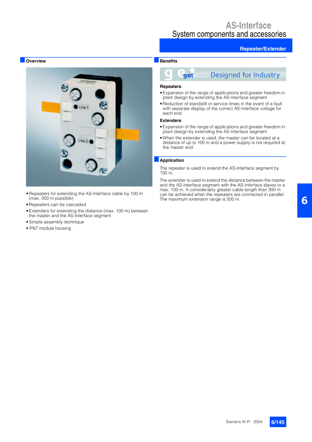 Siemens EN 50295 manual System components and accessories, Repeater/Extender, 145, Benefits Repeaters, Extenders 