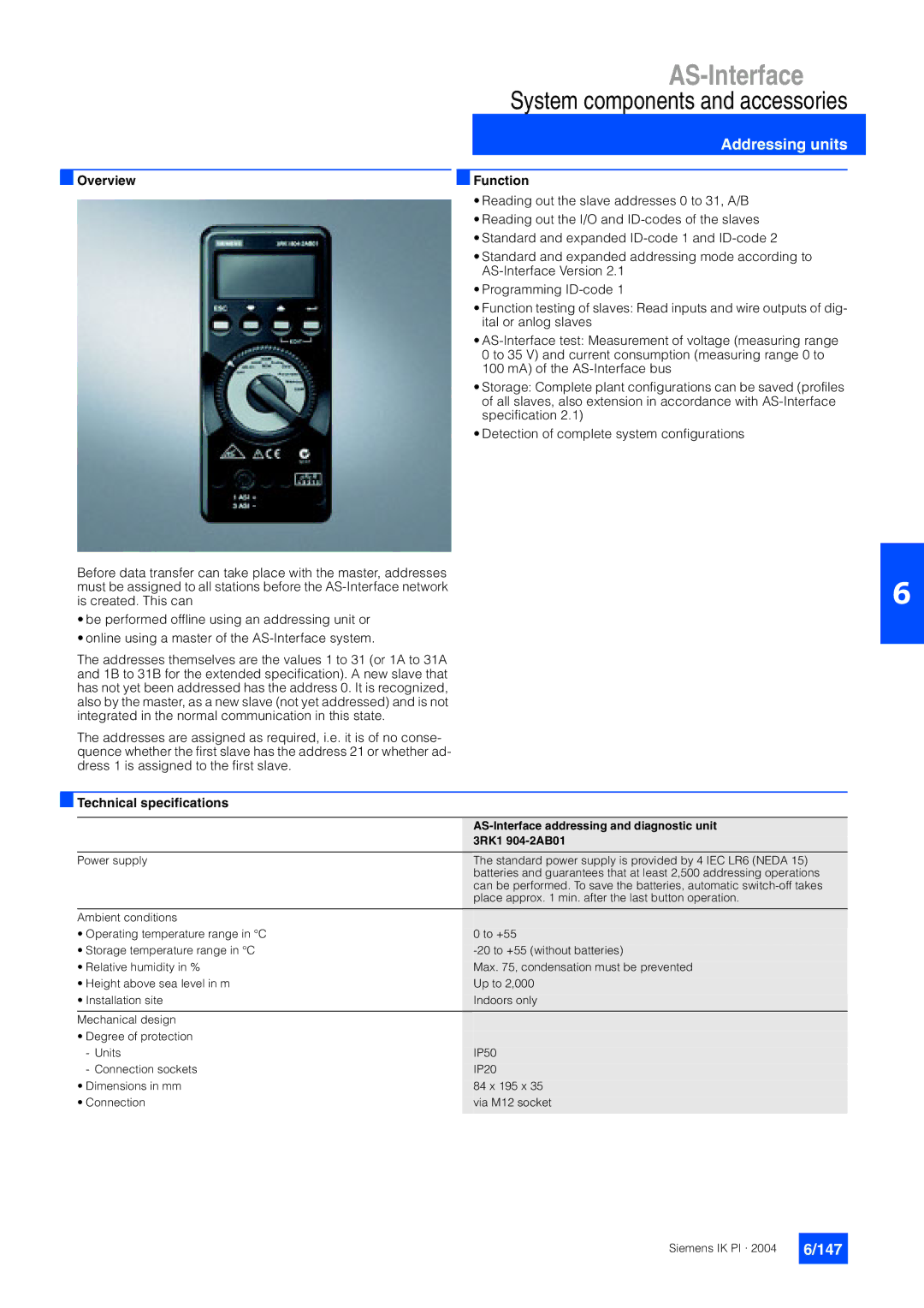 Siemens EN 50295 manual Addressing units, 147, AS-Interface addressing and diagnostic unit, 3RK1 904-2AB01 