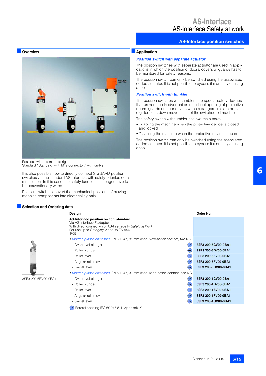 Siemens EN 50295 manual AS-Interface position switches, Overview Application, Position switch with separate actuator 