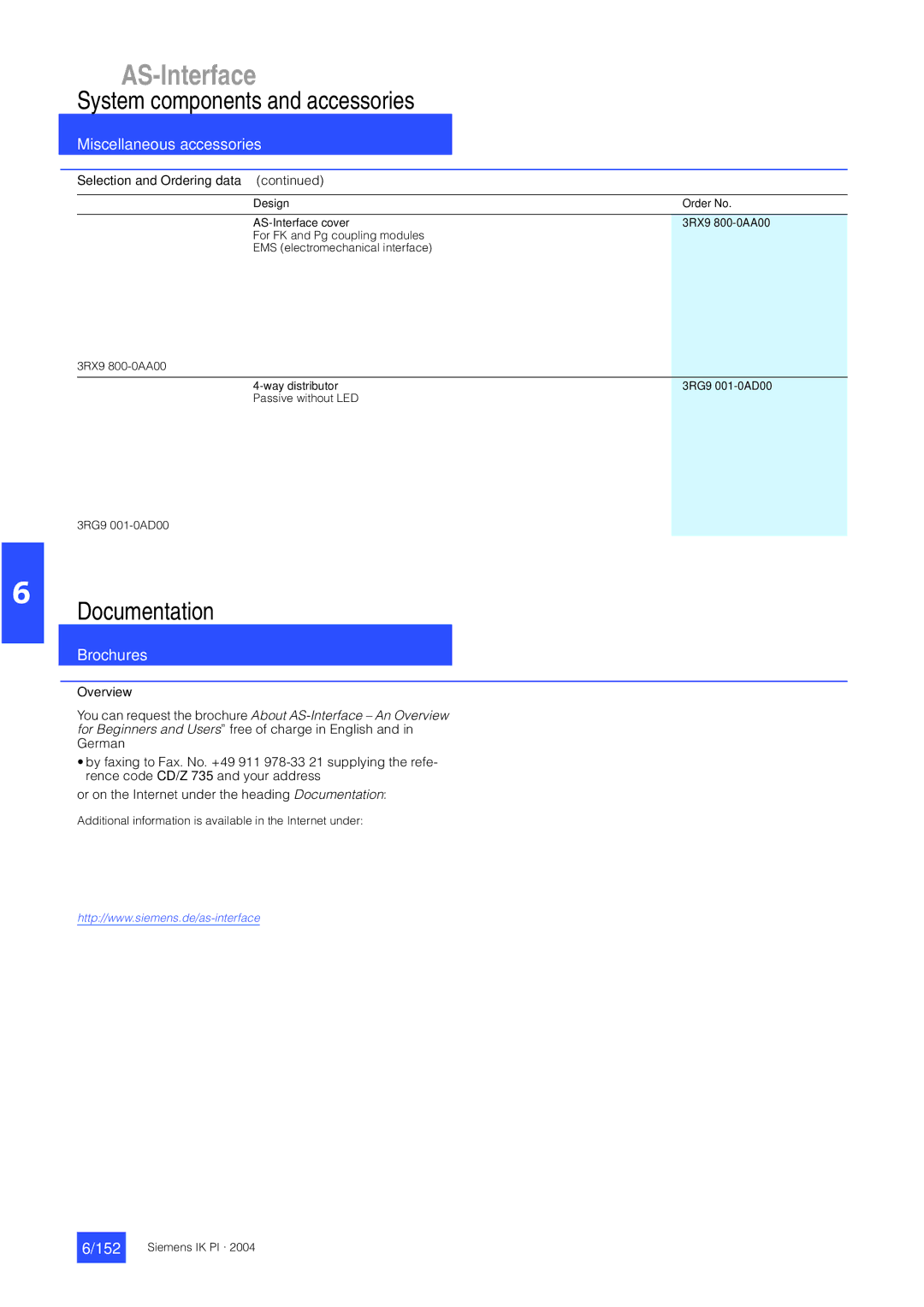 Siemens EN 50295 manual Documentation, Brochures, 152, Way distributor 