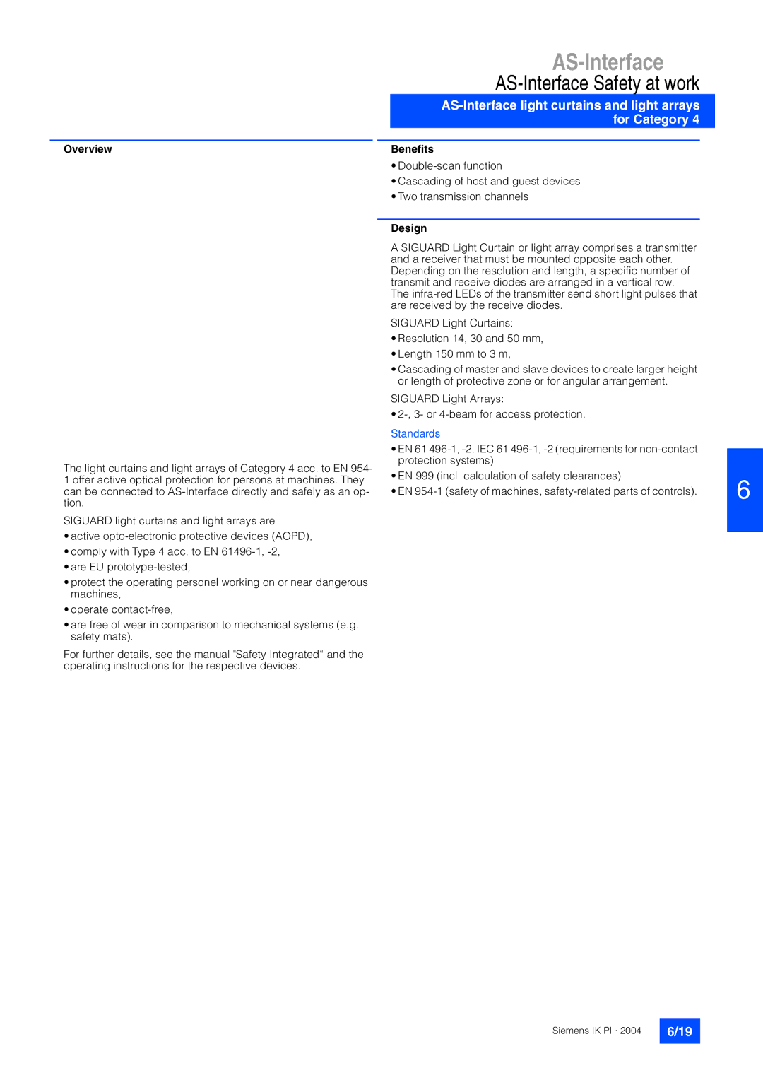 Siemens EN 50295 manual AS-Interface light curtains and light arrays for Category, Overview Benefits, Standards 