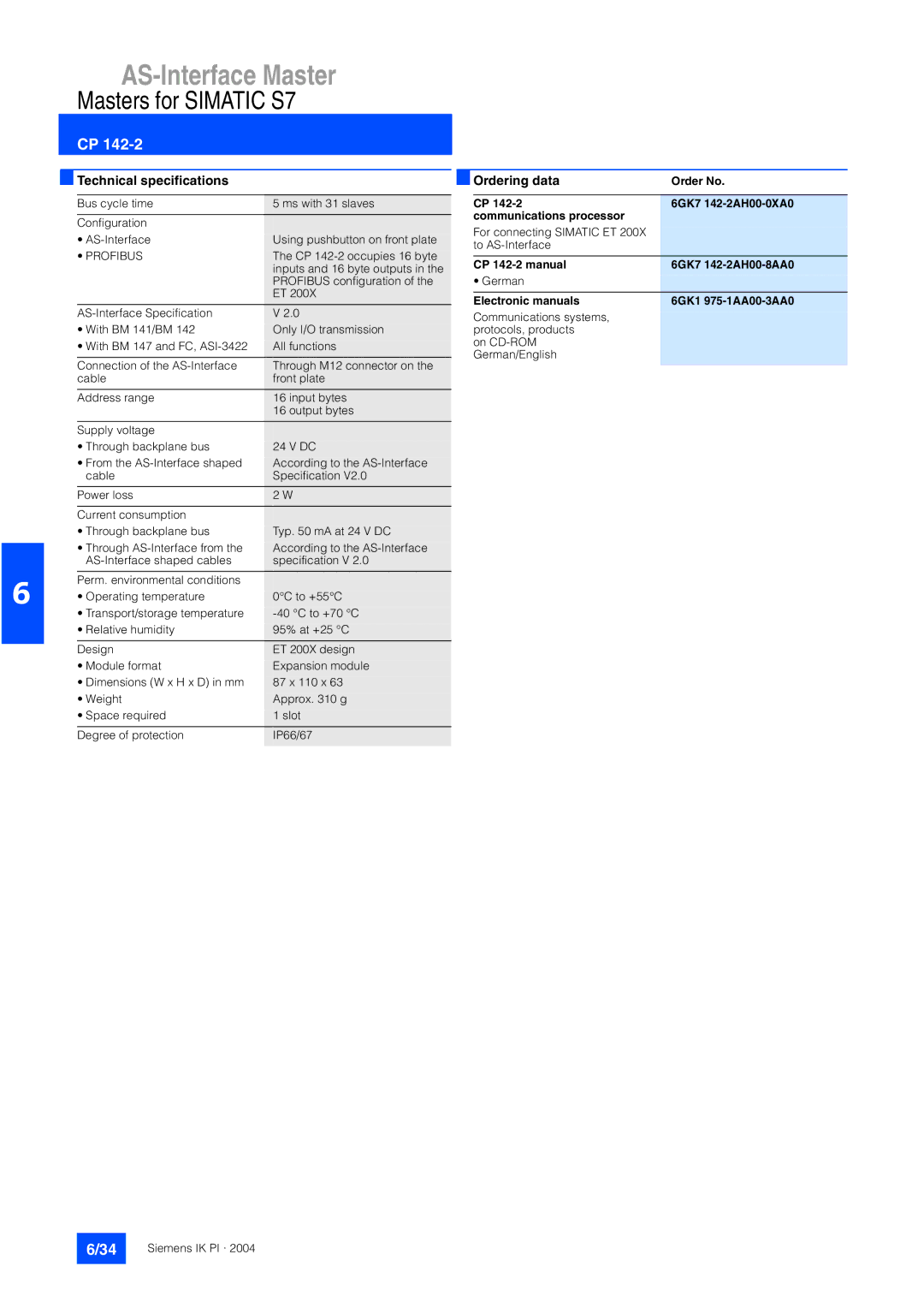 Siemens EN 50295 manual Profibus, 6GK7 142-2AH00-0XA0 