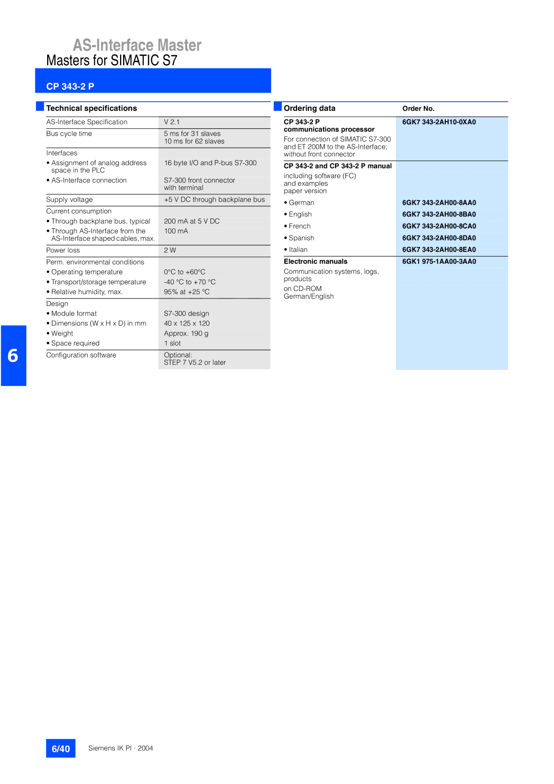 Siemens EN 50295 manual CP 343-2 P 6GK7 343-2AH10-0XA0 Communications processor 