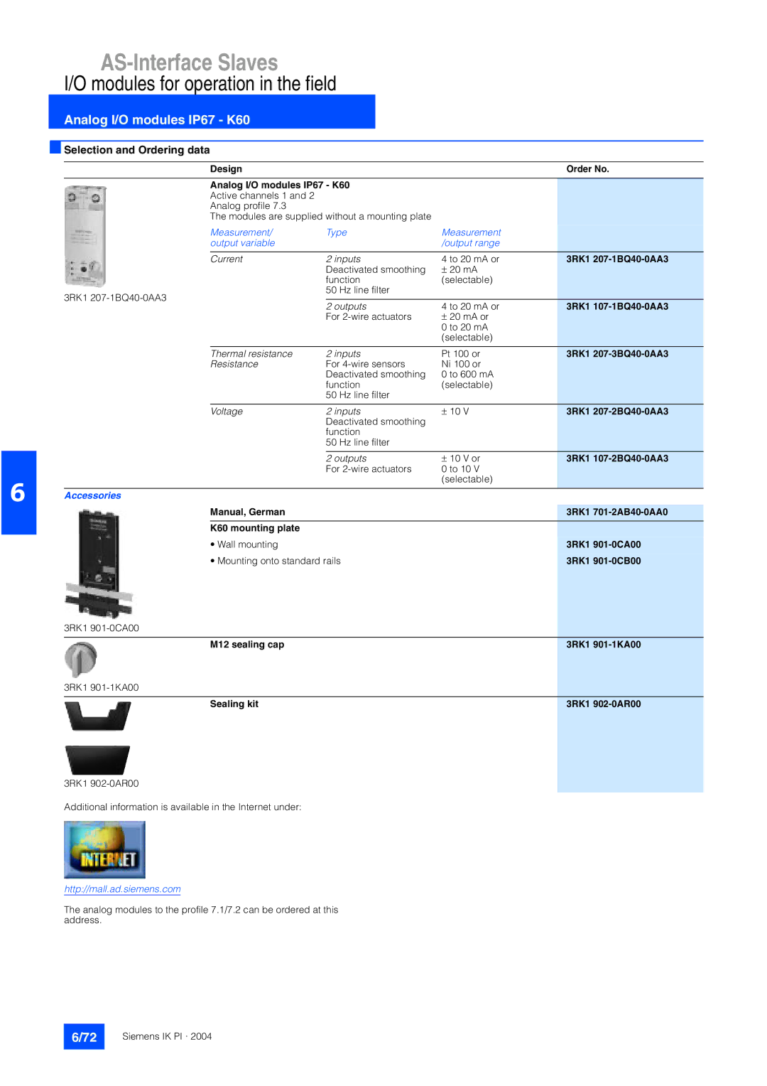 Siemens EN 50295 manual Design Order No Analog I/O modules IP67 K60, 3RK1 207-1BQ40-0AA3, 3RK1 107-1BQ40-0AA3 