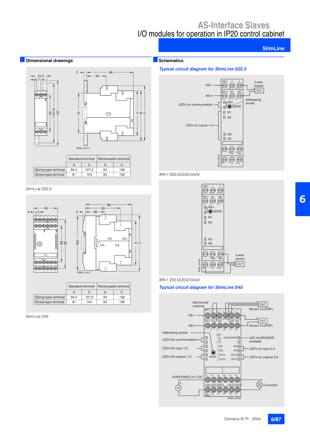 Siemens EN 50295 manual Typical circuit diagram for SlimLine S22.5, Typical circuit diagram for SlimLine S45 