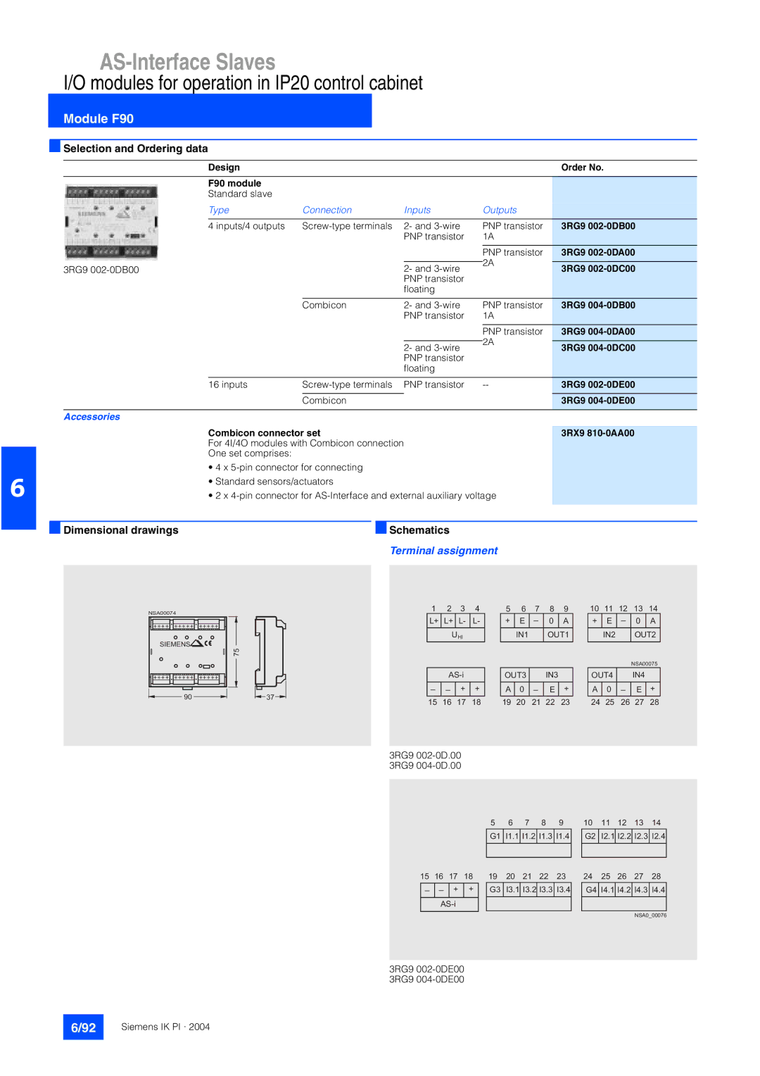 Siemens EN 50295 manual Dimensional drawings Schematics, Terminal assignment, Design Order No F90 module 