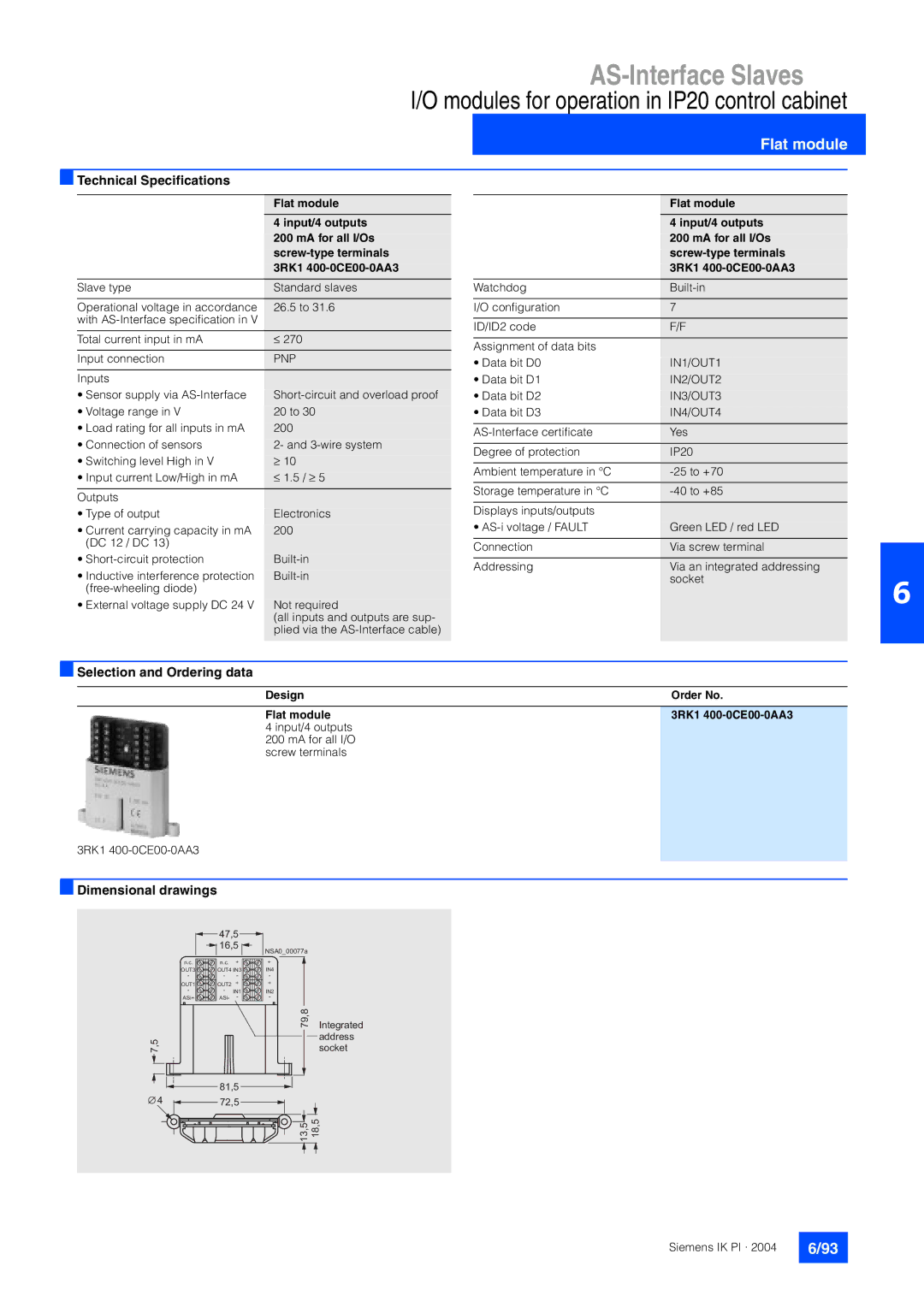 Siemens EN 50295 manual Design Order No Flat module 3RK1 400-0CE00-0AA3 