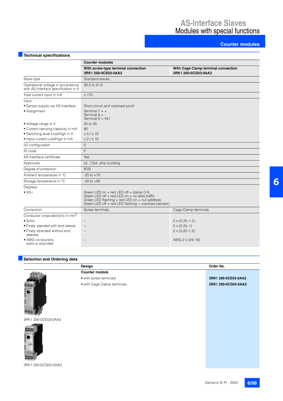 Siemens EN 50295 manual Modules with special functions, Design Order No Counter module 