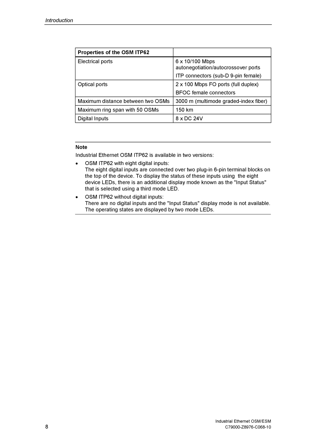 Siemens ESM technical specifications Properties of the OSM ITP62 