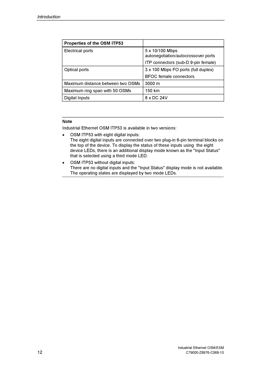 Siemens ESM technical specifications Properties of the OSM ITP53 