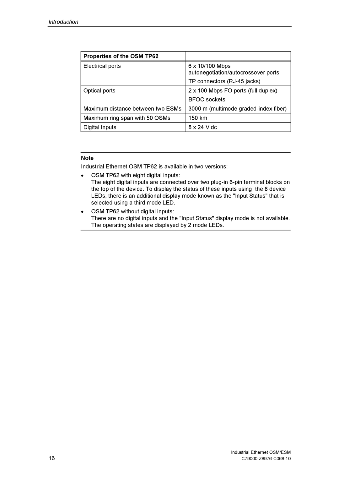 Siemens ESM technical specifications Properties of the OSM TP62 