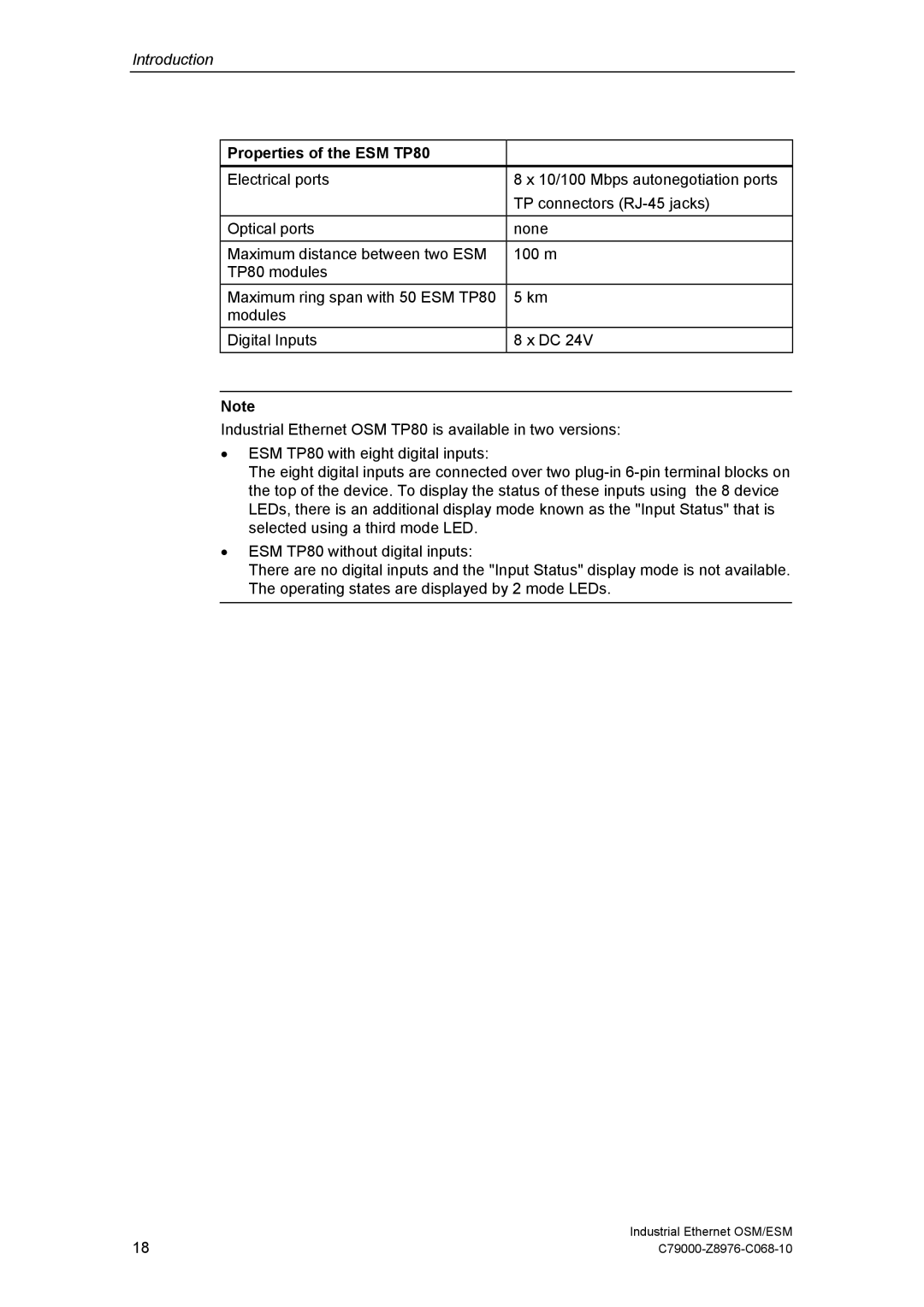 Siemens OSM technical specifications Properties of the ESM TP80 